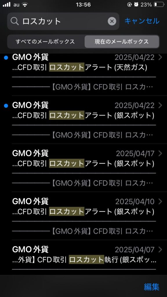 ロスカットメールが大量に来ている私のメールボックスの画像です。
